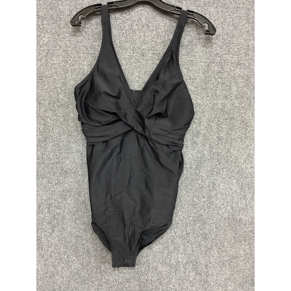 Smismivo Womens Black Tummy Control‎ One Piece Swimsuit Ruched V-Neck Size L NWT